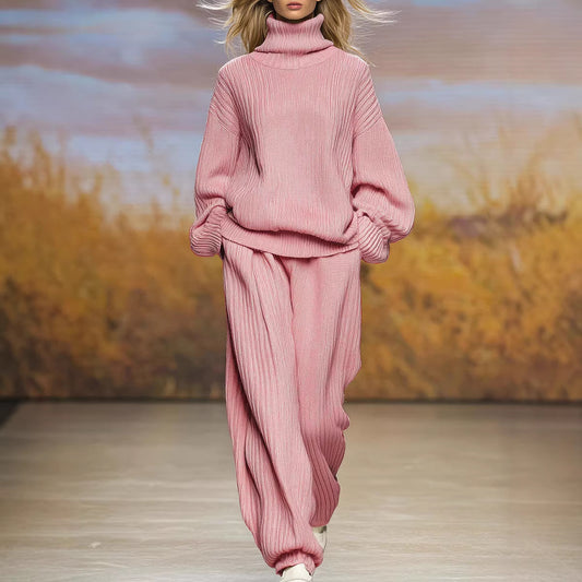 Knitted Loose Fitting Turtleneck And Wide Leg Pants Set
