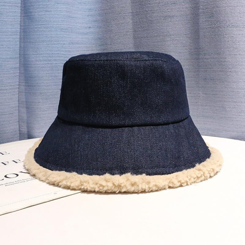 Denim Double Face Lamb Plush Fisherman Hat
