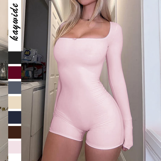 Womens Solid-Color Athletic Long-Sleeve Jumpsuit