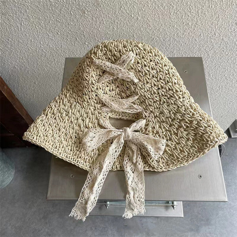 Women's Straw Hat Lace Bow Hollow Handmade