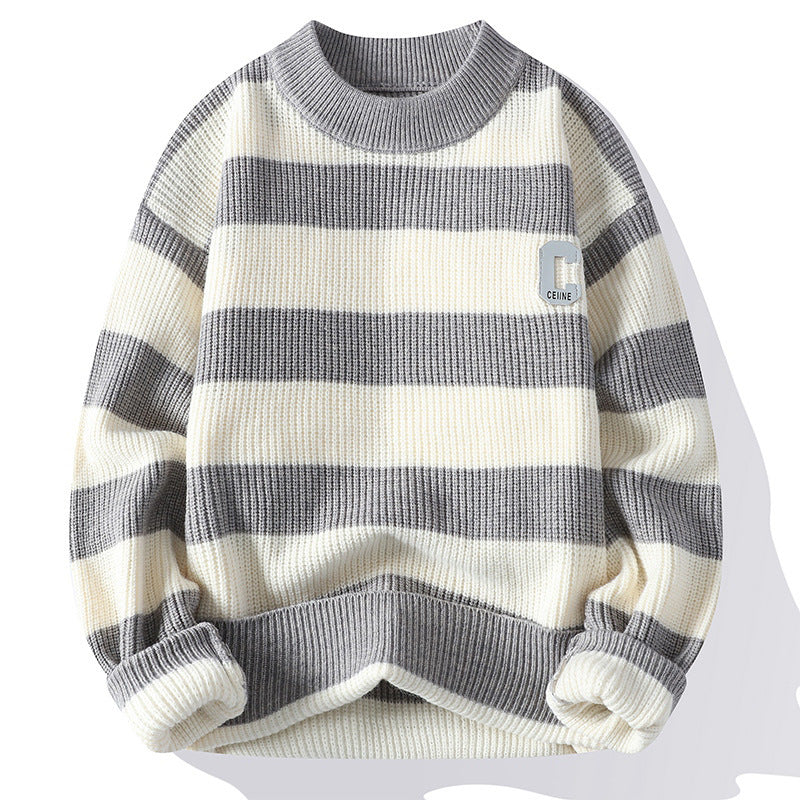 Efterårsbogstavstriber Mock Neck Sweater Flot Mands Strik Tide