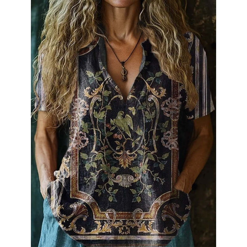 Printed Women's Spring And Summer Loose V-neck Short Sleeve Top 3D