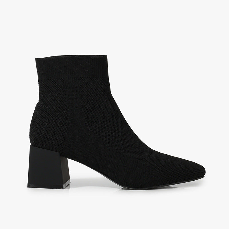 All-match Stretch Knitted High Heel Solid Color Chunky Heel Square Toe Booties Women
