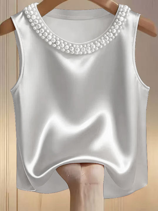 Dame Ensfarvet Rundhals Perleudsmykket Tanktop T-shirt