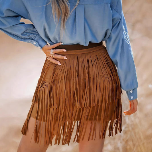 Retro-style Mesh Tassel Skirt Womens Elegant Short