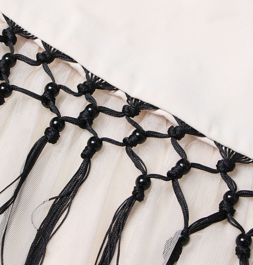 Retro Machine Embroidery Mid-high Waist Buckle Mesh Stitching Skirt