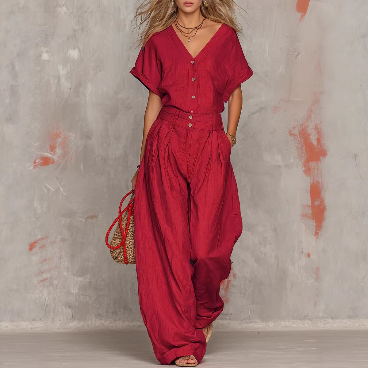 Solid-color V-neck Short-sleeve Top And Wide-leg Pants Set