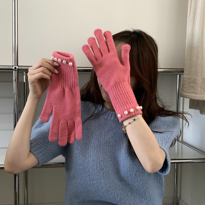 Solid Color Knitted Pearl Warm Knitted Gloves