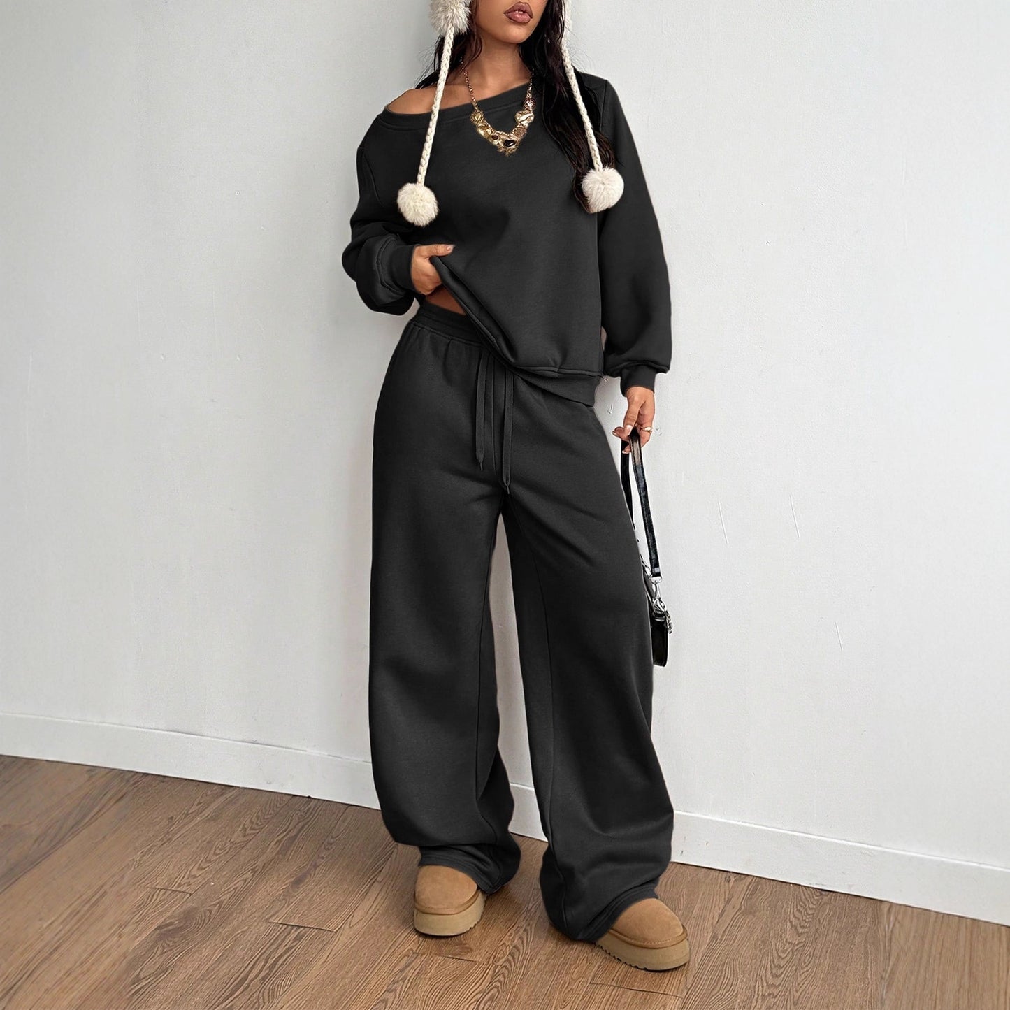 Womens Fashion Casual Sweatshirt And Wide-Leg Pants Set