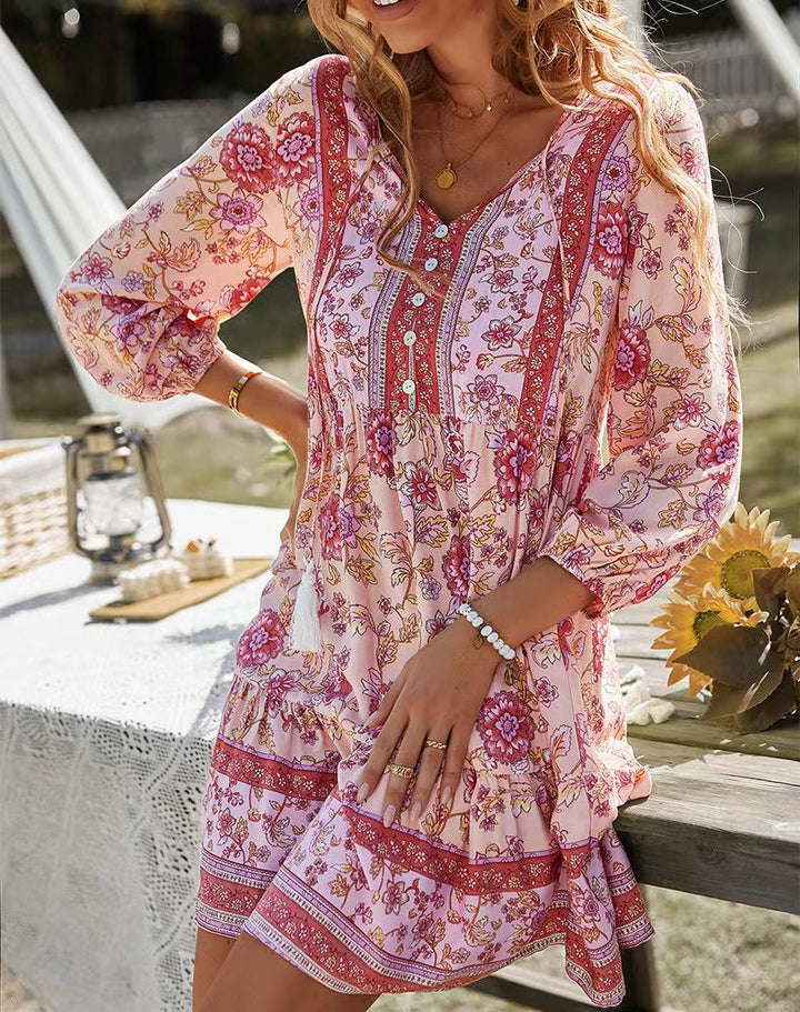 V-neck Printed Casual Bohemian Short Skirt