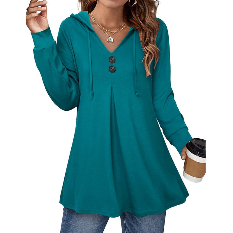 Casual Button V-neck Long Sleeve Hooded Top Sweaters Women's Clothing