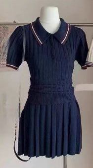 Womens Short Knitted Pleated Skirt Two-Piece Set