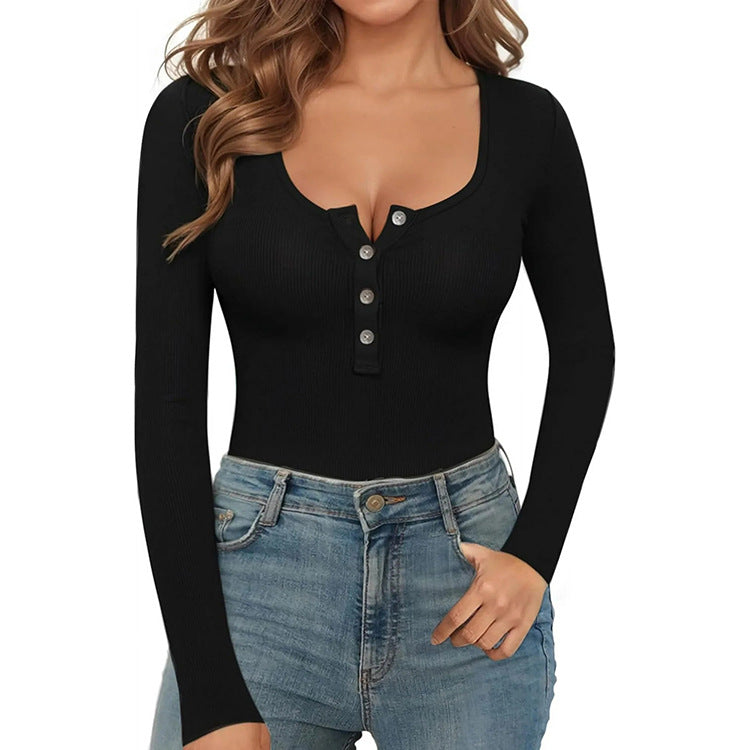 Womens StylishSlim-fit Cotton Ribbed Long-sleeve Buttoned Jumpsuit