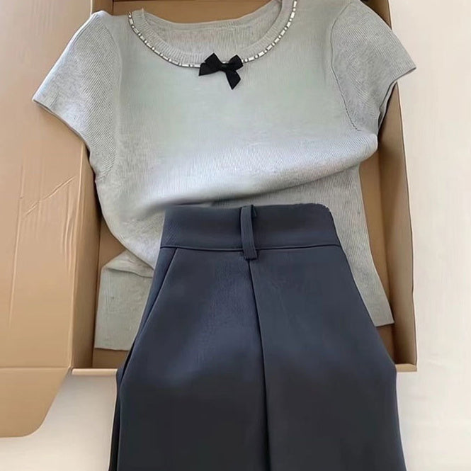 New Minimalist Short-sleeve Top And High-waisted Versatile Skirt Two-piece Set