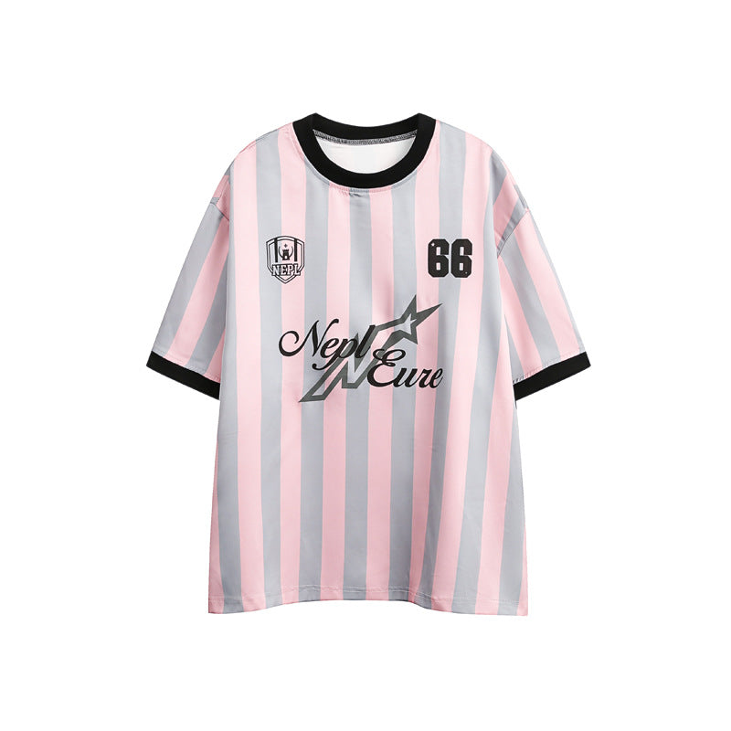 Stribet kontrast-syning T-shirt med korte ærmer og løs pasform