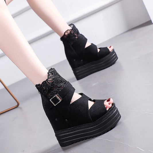 Suede Lace Fish Mouth Platform Wedge Romans