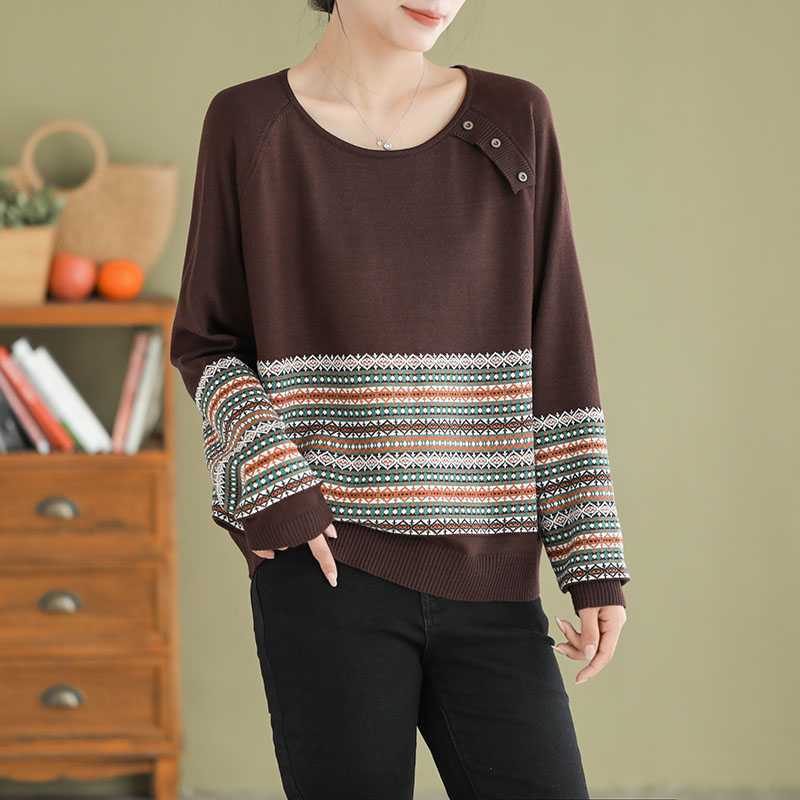 Striped Jacquard Cotton Knitted Sweater For Women