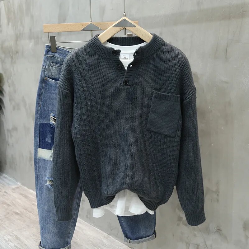 Retro-pullover i amerikansk stil til mænd – modebrand, løs pasform, med lommer, alsidig, afslappet sweater