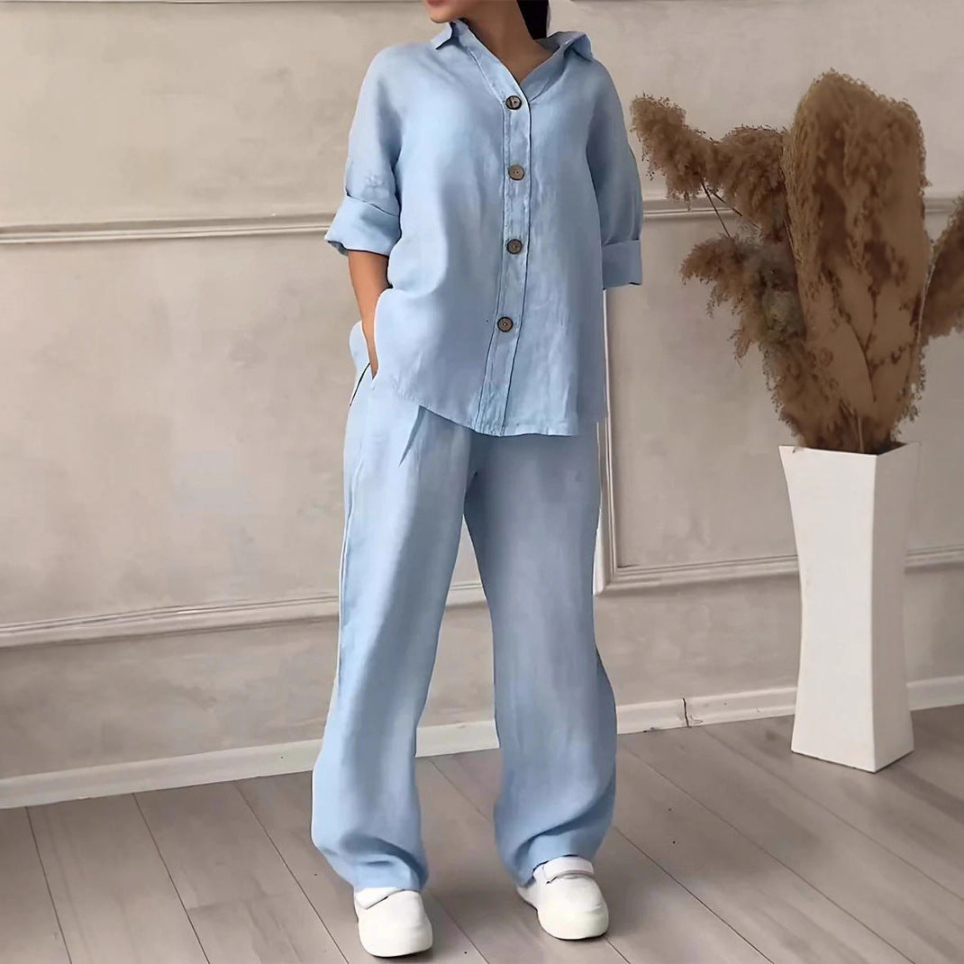 Cotton And Linen Shirt Outfit High Waist Loose Trousers