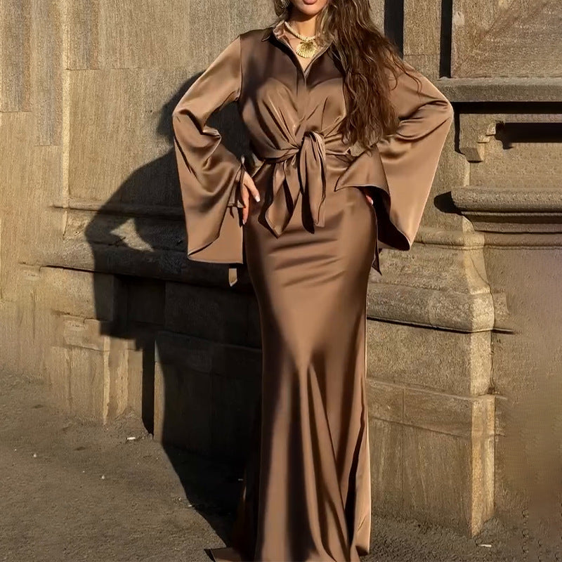 Notch-collar Satin Shirt With Flared Sleeves Paired With A Bodycon Skirt For Women