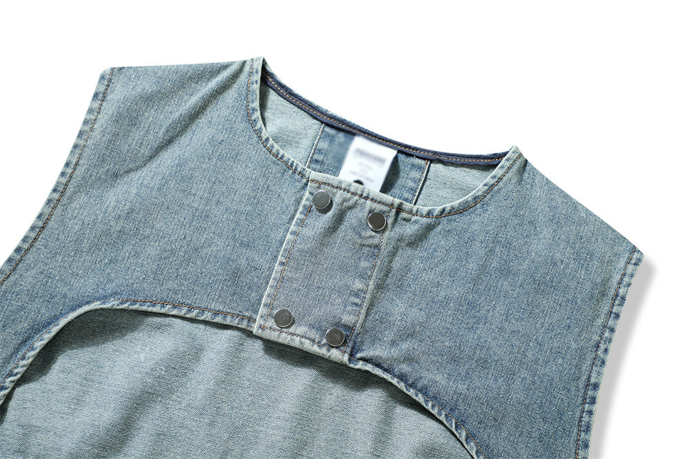 Denim Vest Men's Loose Casual High Street Patchwork Round Neck Coat