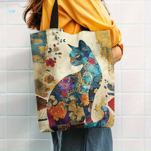 Floral Cat Print Canvas Tote Bag