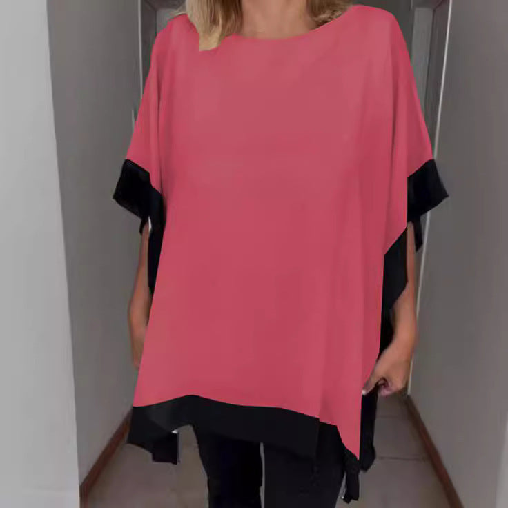 Front Chest Round Neck Loose Short Sleeves Batwing Sleeve Solid Color Stitching T-shirt