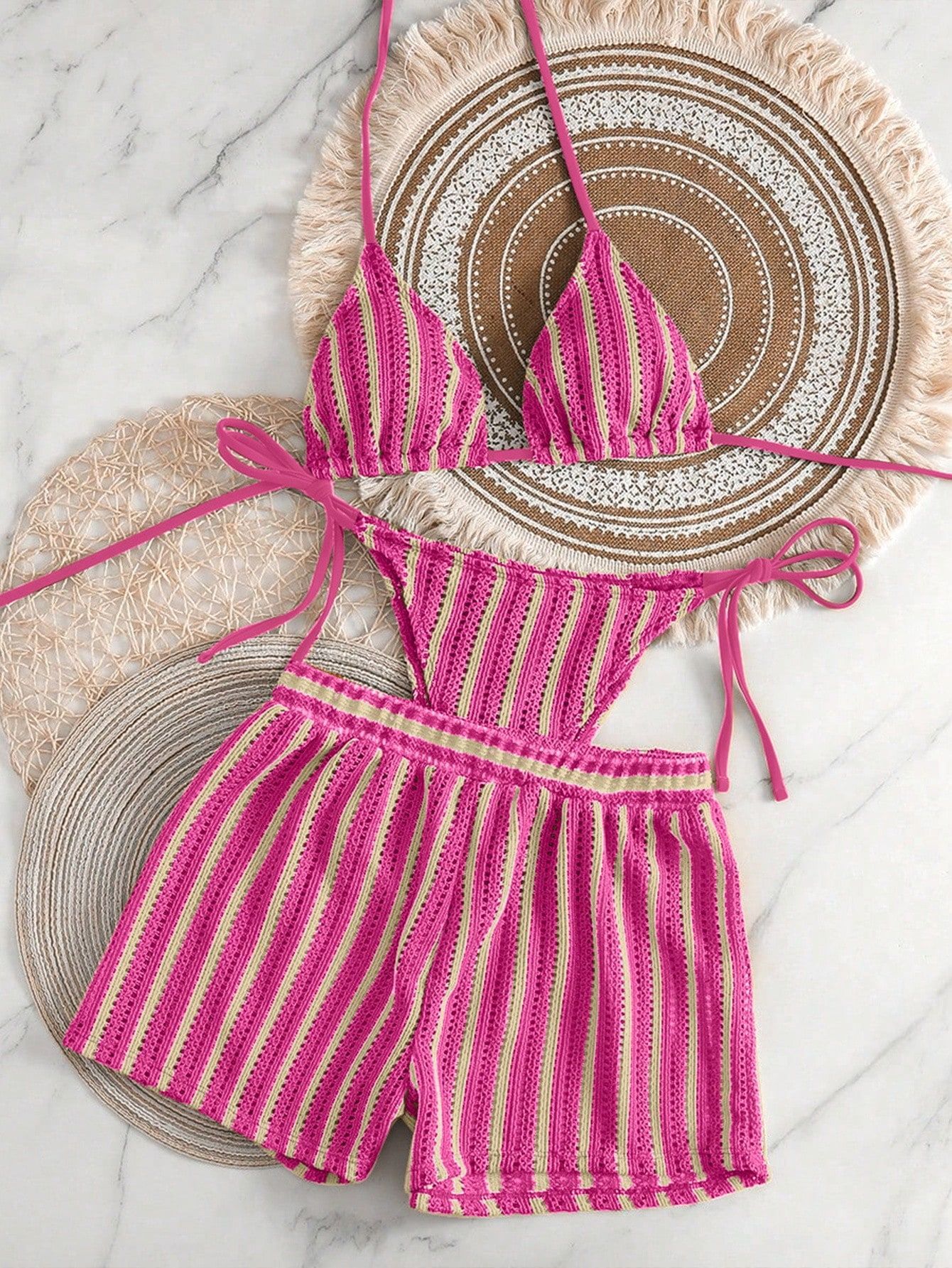 Womens Sexy Woven Bohemian Bikini Three-Piece Set