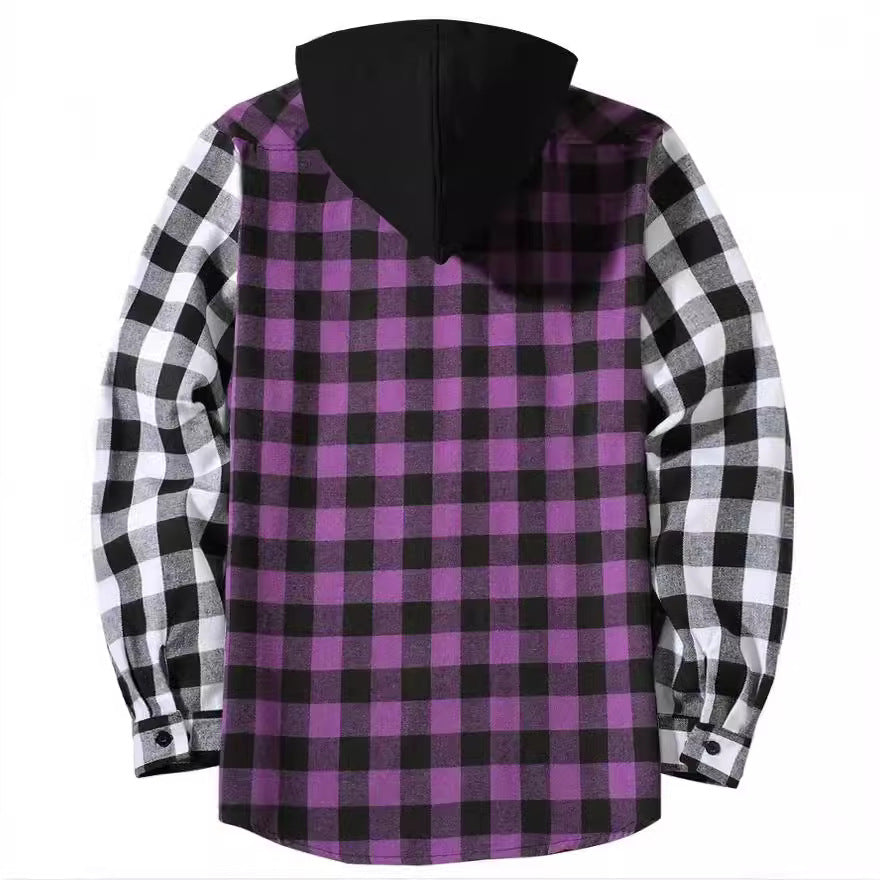 Patchwork Plaid Hooded Long-sleeved Shirt