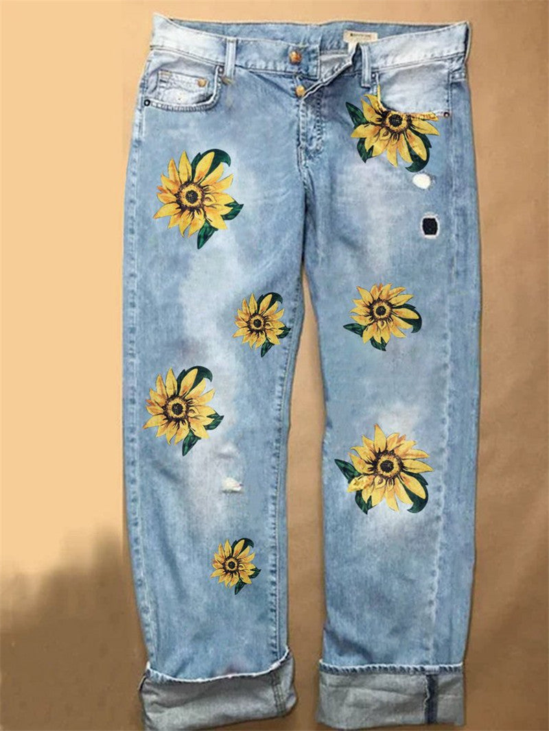 Sunflower Fashion Print Wide-leg Denim Trousers