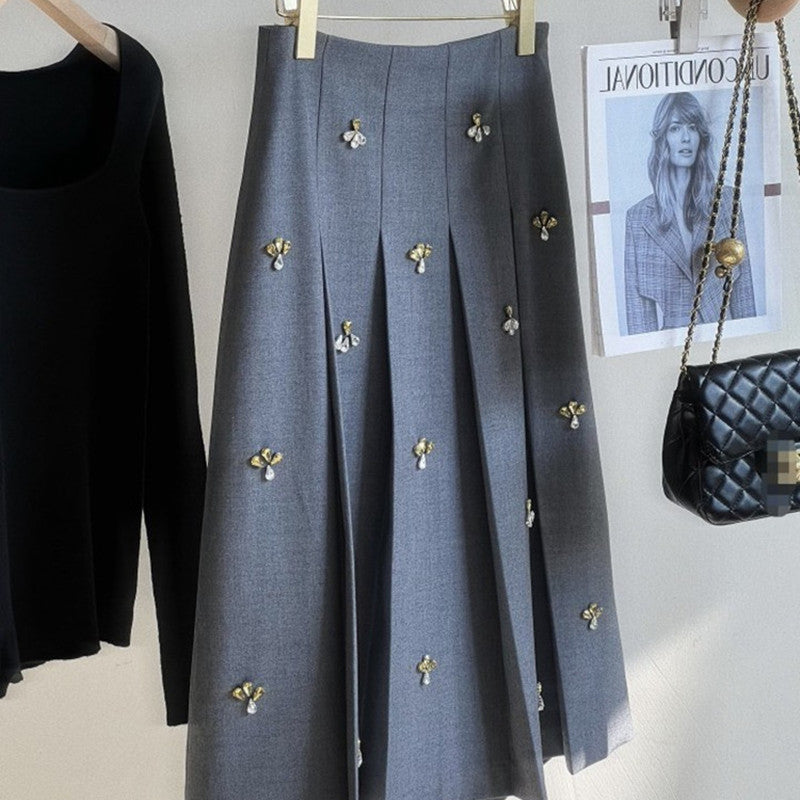 Luxury College Style Niche Designer Cut Label Early Heavy Industry Rhinestone Pleated Skirt