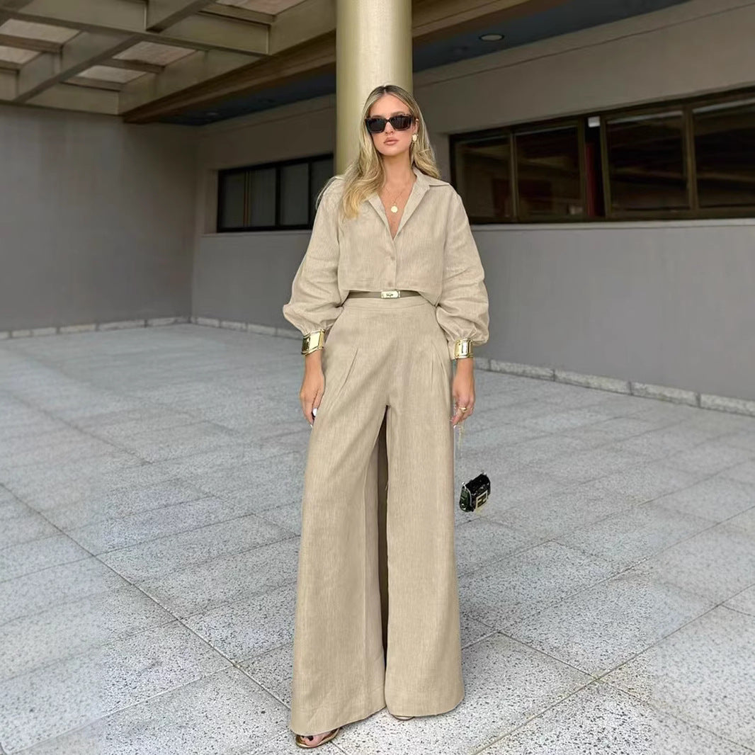 Womens Casual Khaki Cotton-Linen Two-Piece Set Loose-Fit Shirt And Wide-Leg Pants