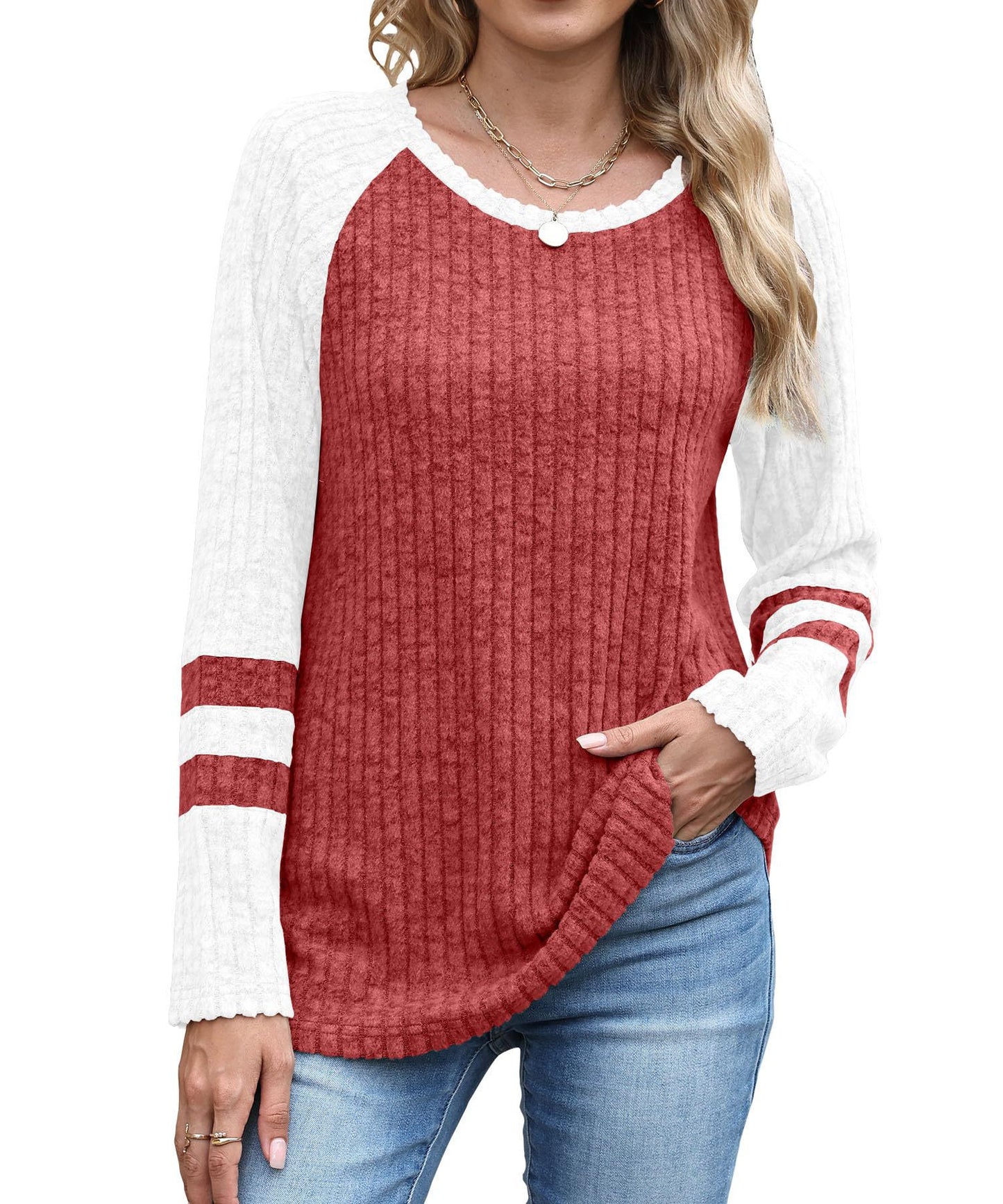 Europæisk og amerikansk mode langærmet sweater med kontrastfarve rund hals top