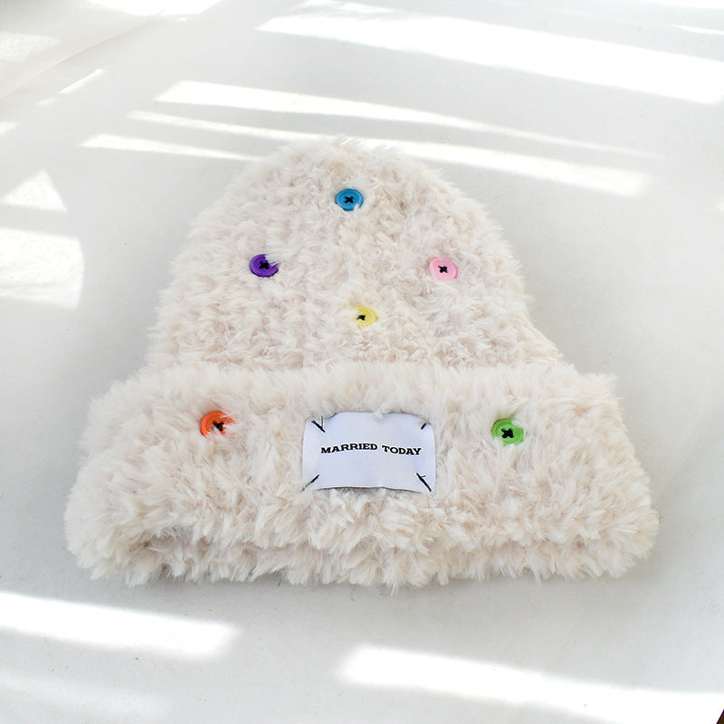 Women's Plush Woven Hat With Thick Warm Colored Buttons