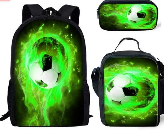 Football Print Children's Three-piece Backpack Satchel Big Pen Bag Student Backpack