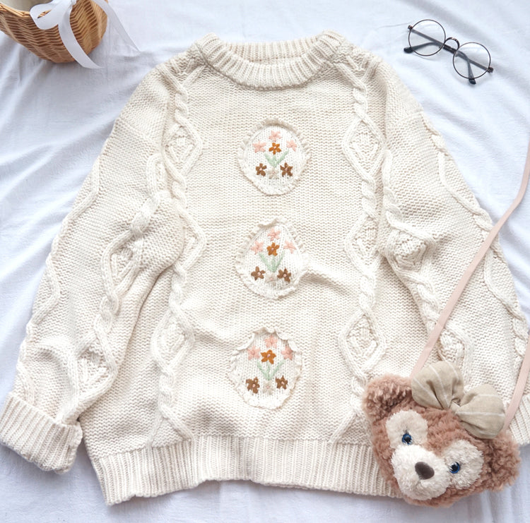 Japanese Vintage Childlike Handmade Small Flower Loose Sweater
