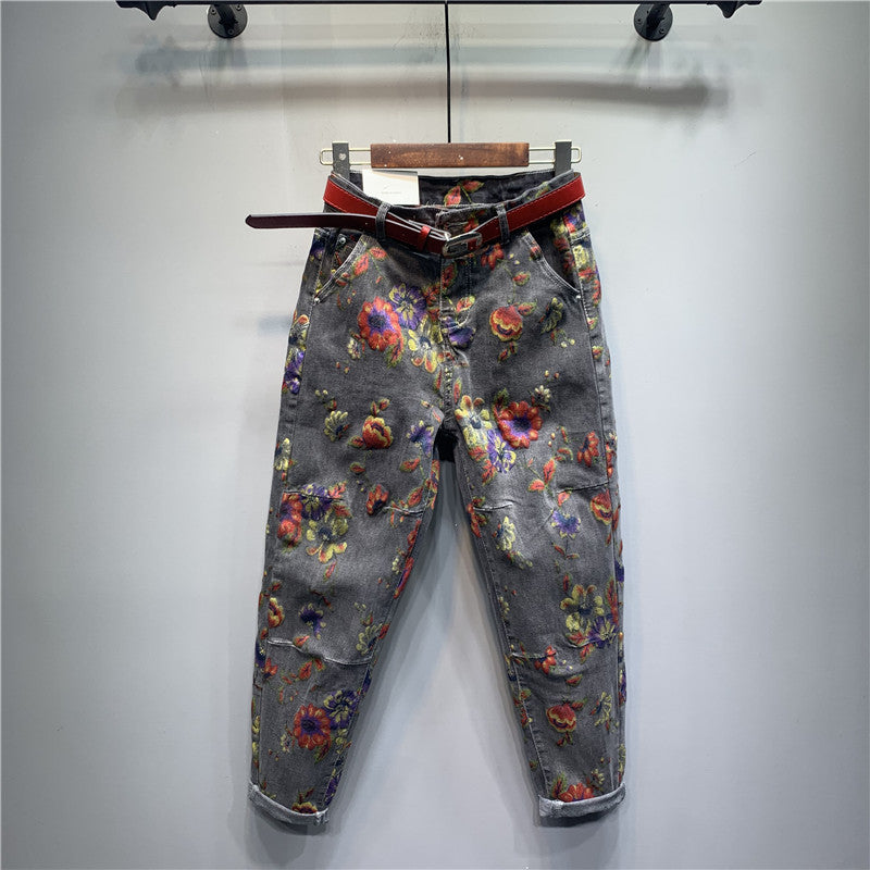Harem Fashion Loose And Thin Flower Print Casual Jeans Baggy Trend