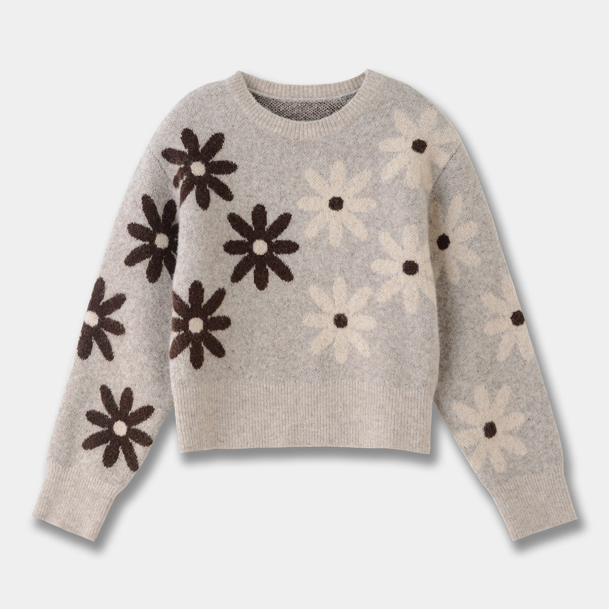 French Style Color-contrasting Pattern Round Neck Wool Sweater