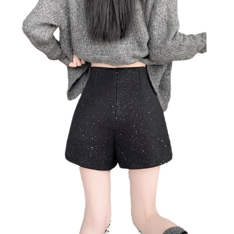 Black Shimmering Sequin Wool Shorts Autumnwinter With A High-end Aesthetic