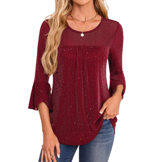 Summer Ruched Flare Sleeve Crew Neck Mesh Top Shirt