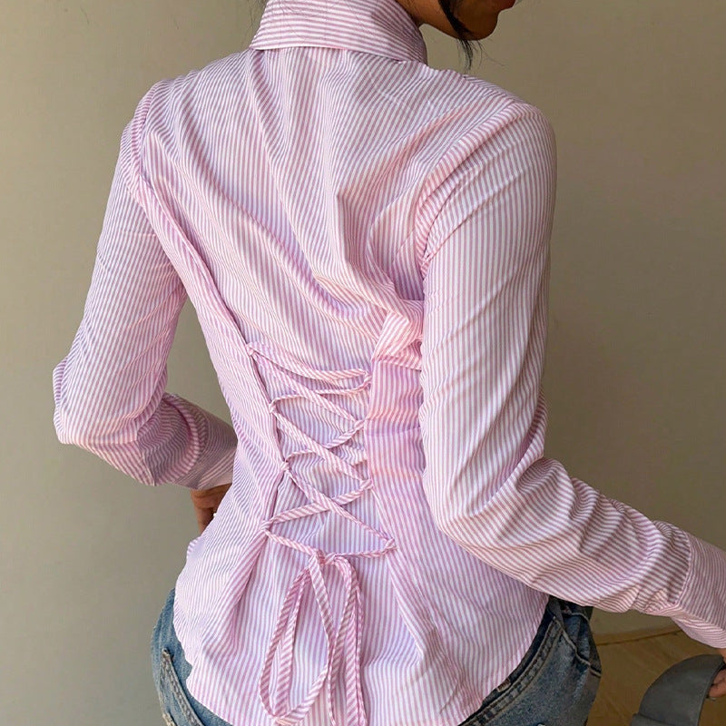 Elegant Striped Waist-tied Long-sleeve Shirt For Women
