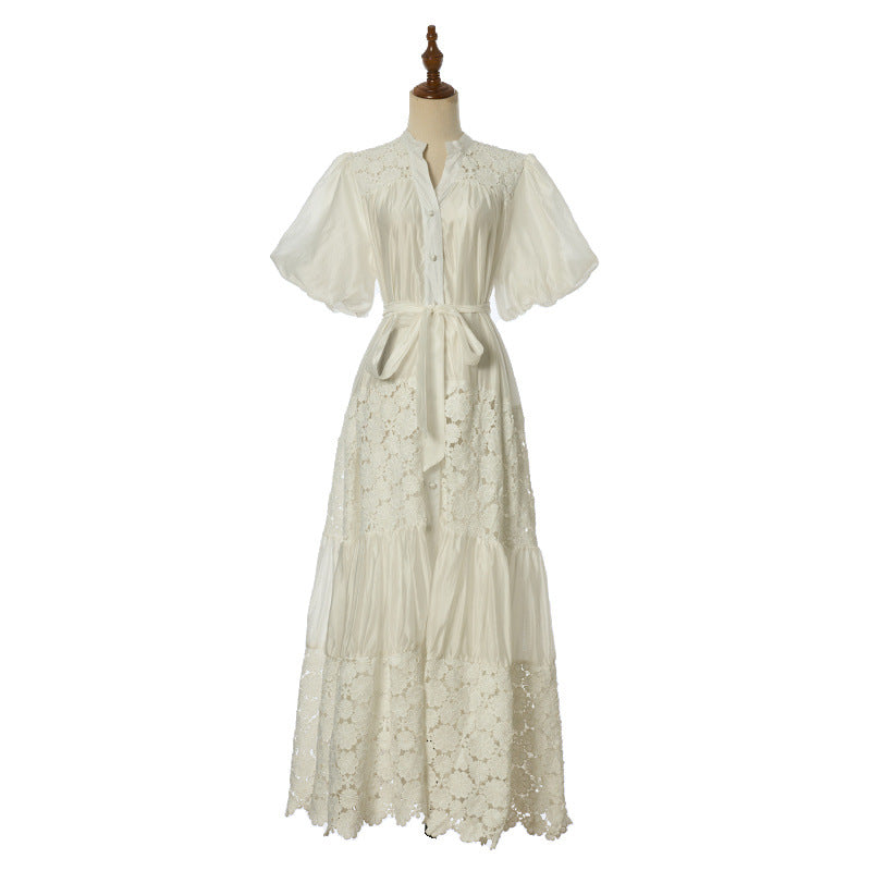 Female Strap Lace Splicing V-neck Bubble Sleeve Dress