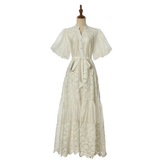 Female Strap Lace Splicing V-neck Bubble Sleeve Dress