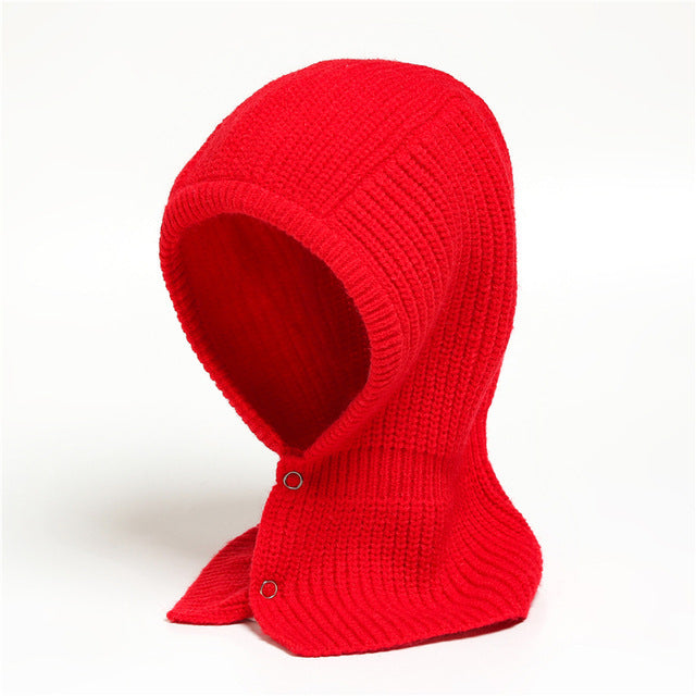 One Piece Warm Solid Button Wool Hat Neckband