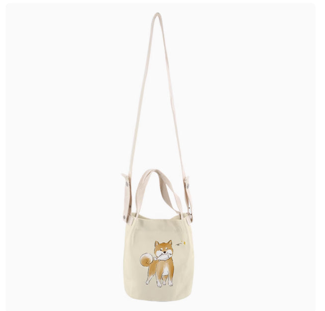 Japanese Ink Painting Cute Shiba Inu Canvas Small Bucket Bag