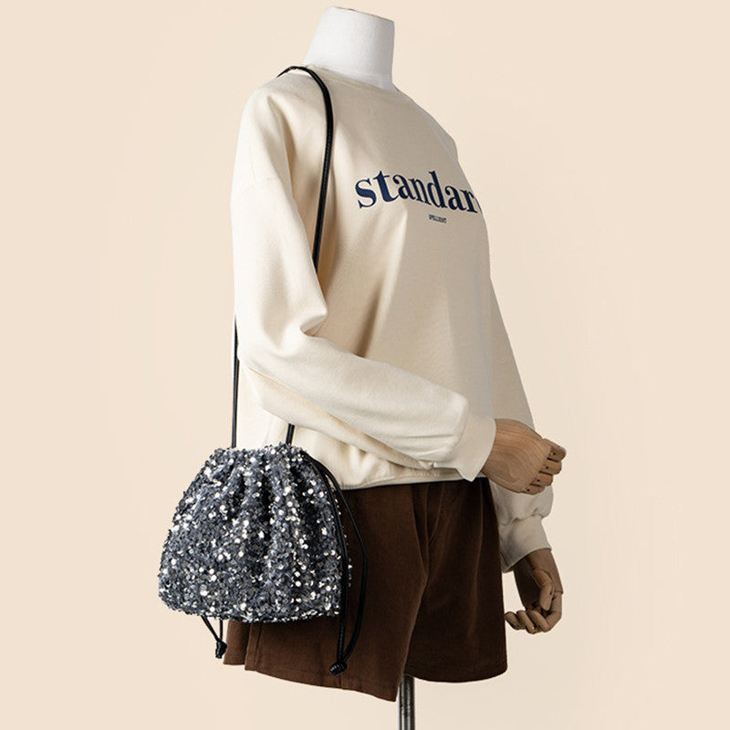 Drawstring Pull String Shoulder Bag Women's Starry Sequins