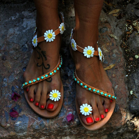 European And American-style Floral Rhinestone Flat Sandals For Women