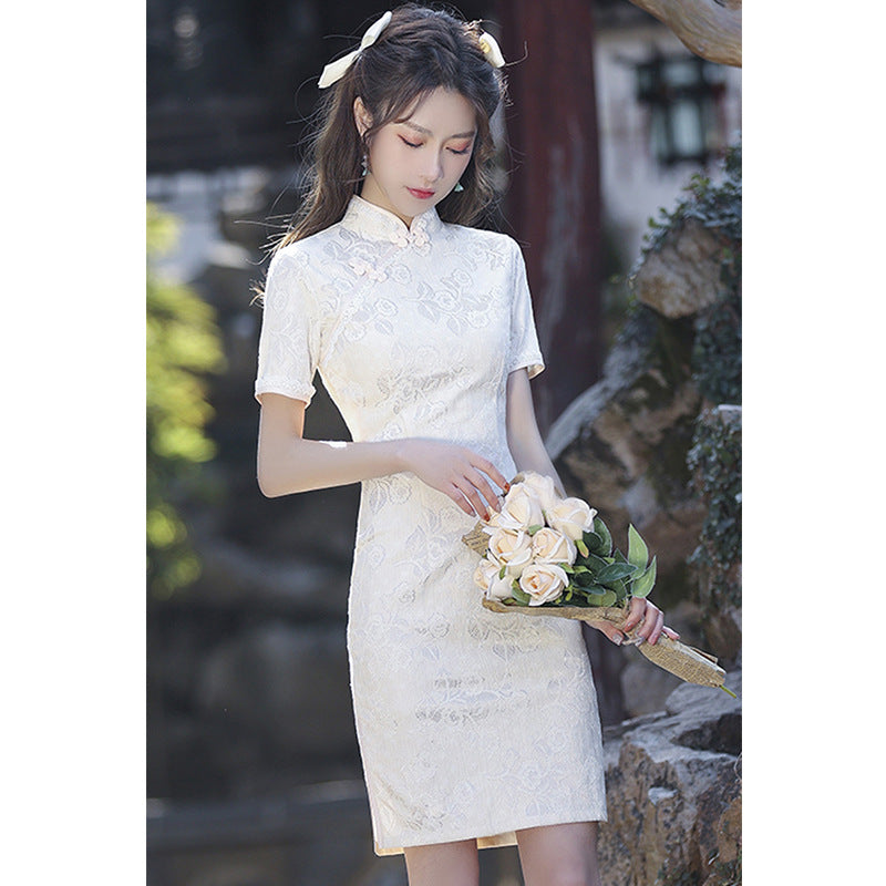 Elegant, High-end Short White Retro-modernized Cheongsam Dress