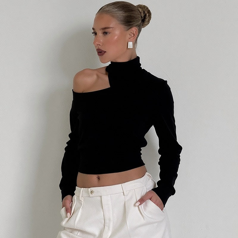 Fashion One-shoulder Cold-shoulder Waist-tight T-shirt Long Sleeve