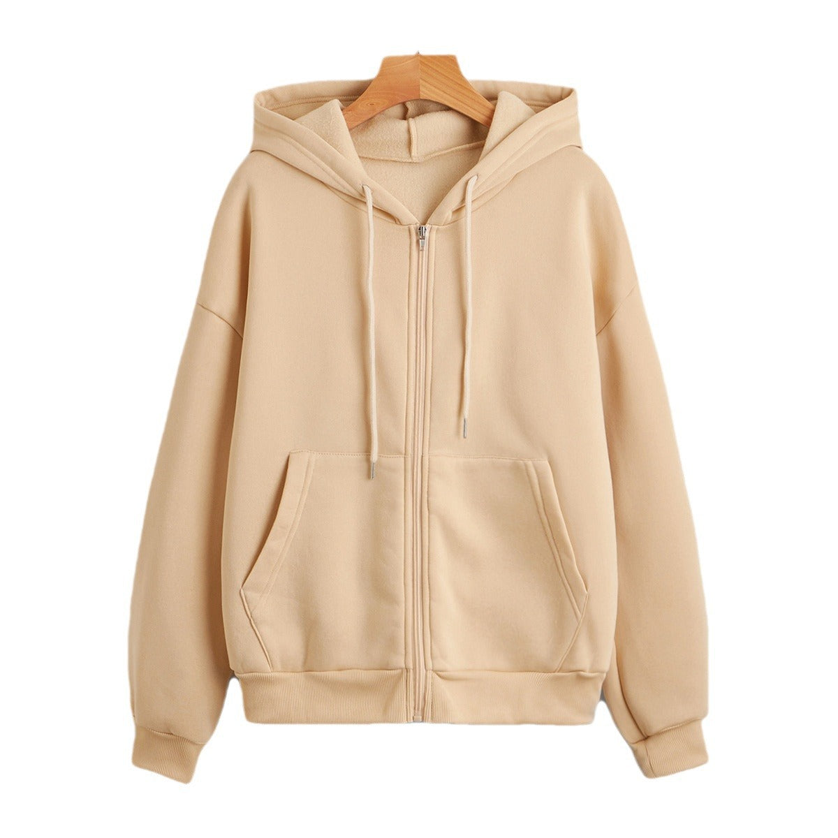 Sweater til kvinder med hætte, ensfarvet, lynlås, løstsiddende, foret frakke